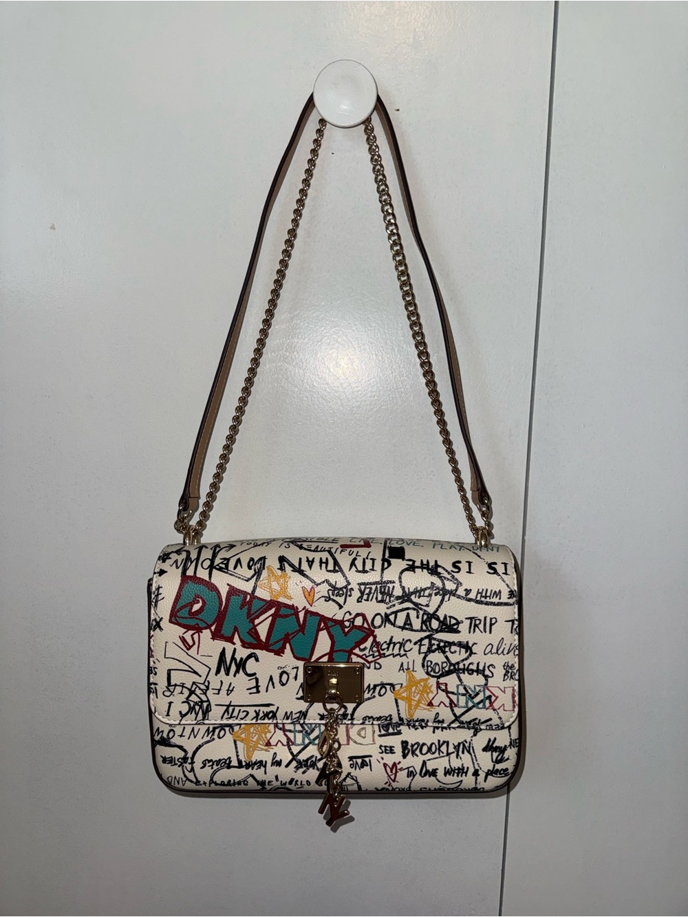 DKNY White Graffiti Crossbody Bag with Teal and Red Logo